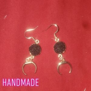 Black Quartz Druzy with Crescent Moon Earrings